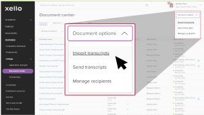 Document center page in Xello. The Document options dropdown is open and the cursor is selecting "Import transcripts"